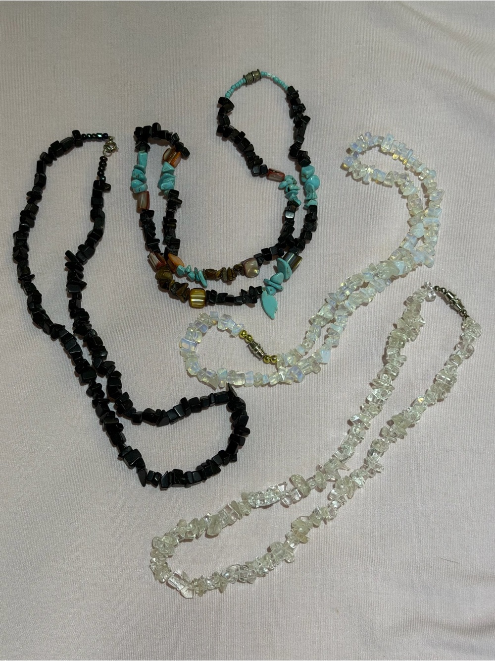 Lot.Handcrafted Multi-Strand Gemstone Chip Necklaces in Black, Turquoise & Clear